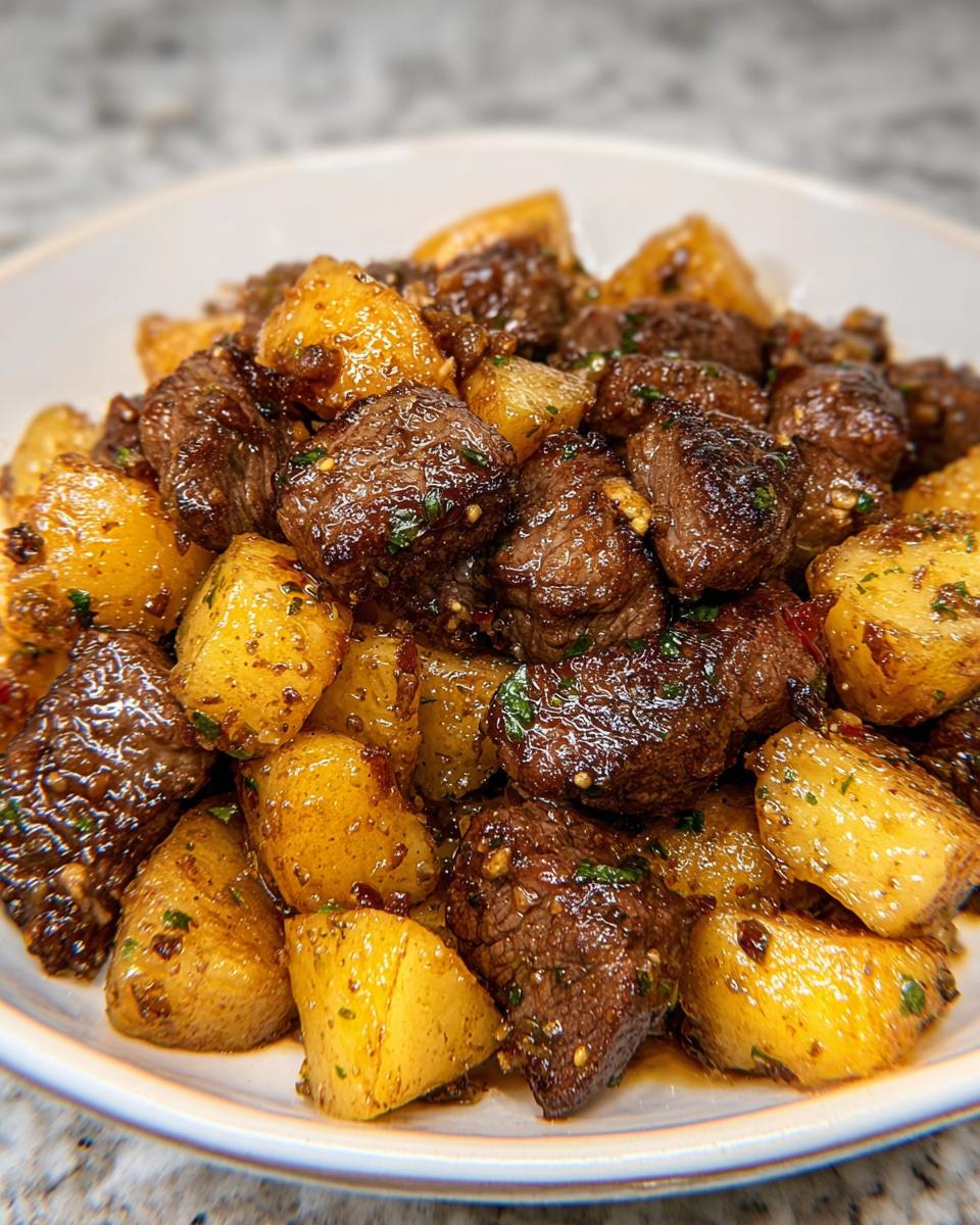 A close-up of juicy Garlic Butter Steak Bites with Potatoes coated in a rich, glossy sauce.