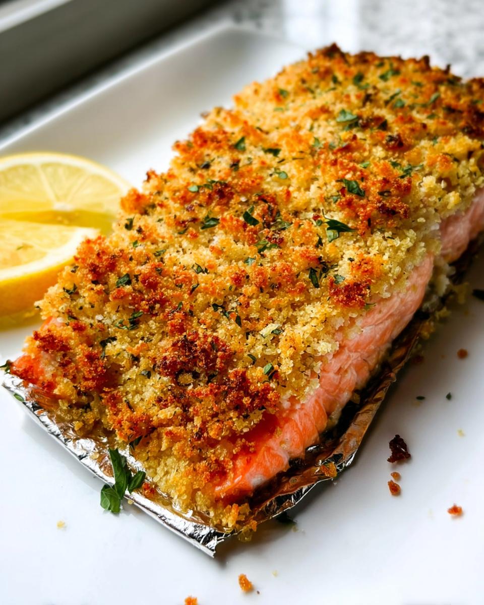 A perfectly cooked fillet of Garlic Herb Panko Crusted Salmon resting on foil with a lemon wedge.