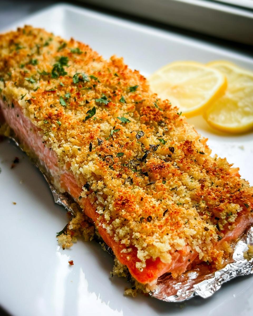 A perfectly cooked fillet of Garlic Herb Panko Crusted Salmon with a golden, crunchy topping, served with lemon slices.