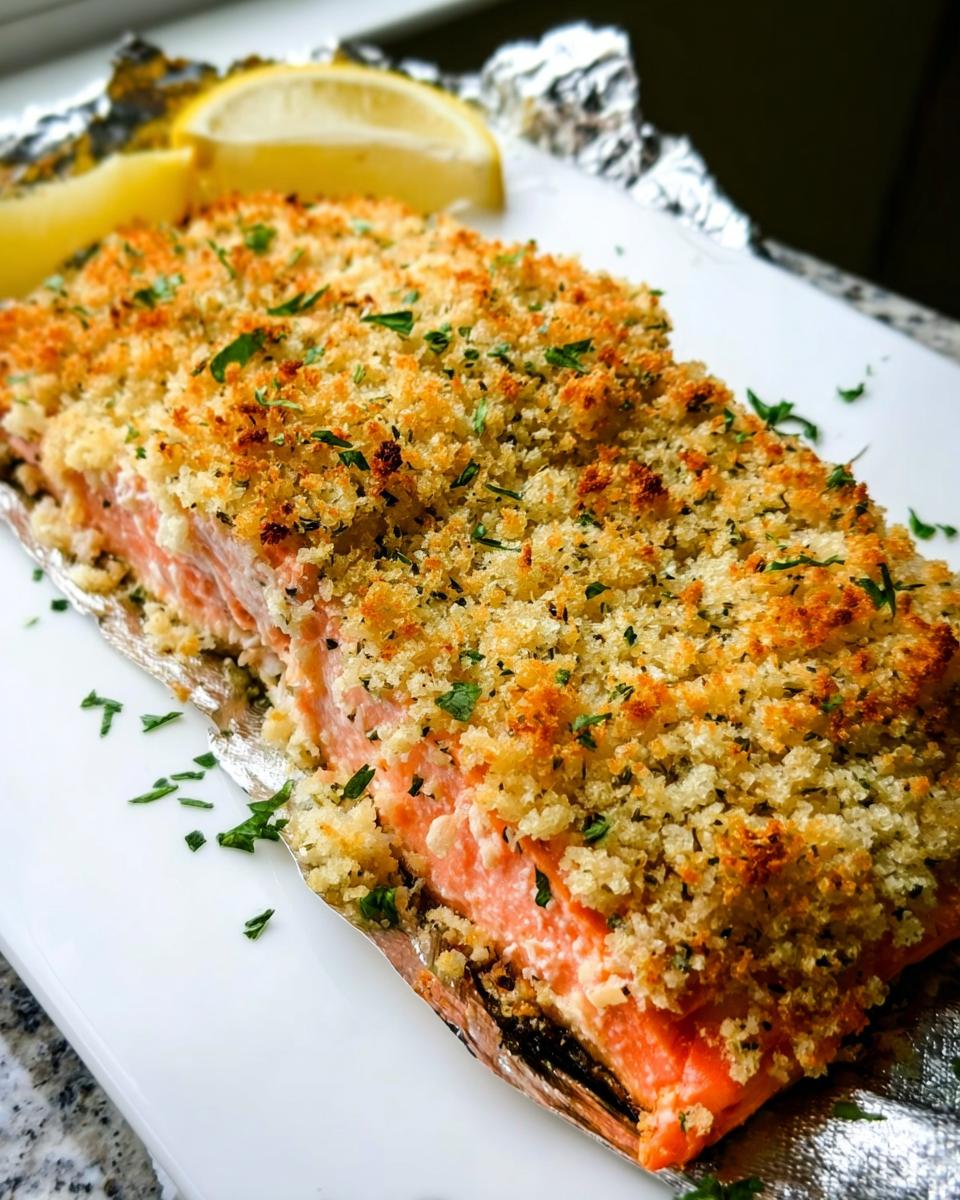 A perfectly cooked fillet of Garlic Herb Panko Crusted Salmon resting on foil, garnished with parsley and lemon wedges.