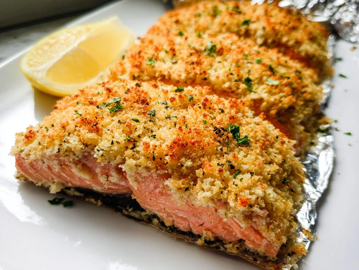 Close-up of a perfectly cooked Garlic Herb Panko Crusted Salmon fillet with a golden crust and a lemon wedge.