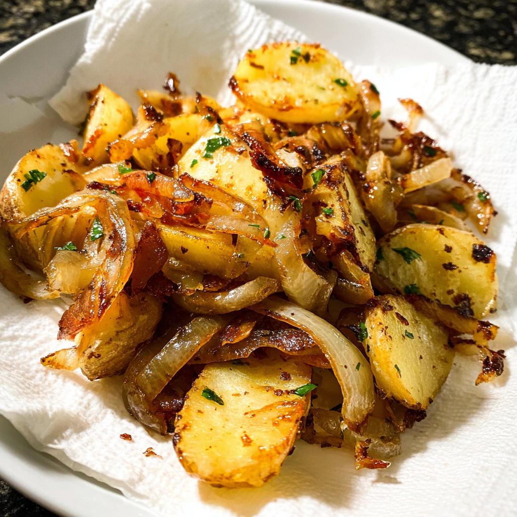 Golden brown skillet fried potatoes and onions seasoned with herbs, draining on a paper towel.