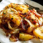 Golden brown Garlic Herb Skillet Fried Potatoes and Onions served on a white paper towel.