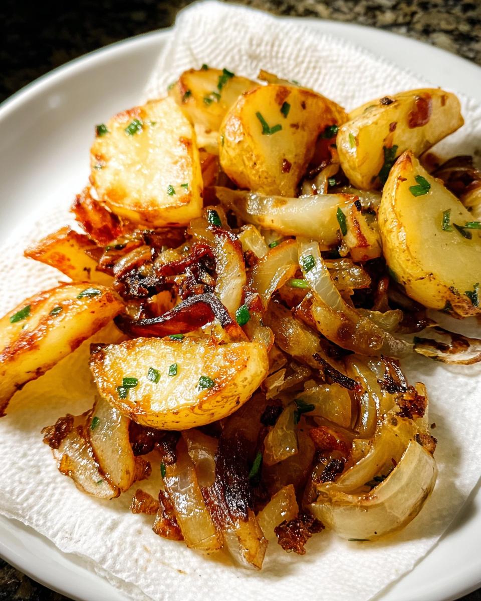 Golden brown skillet fried potatoes and onions seasoned with fresh herbs.