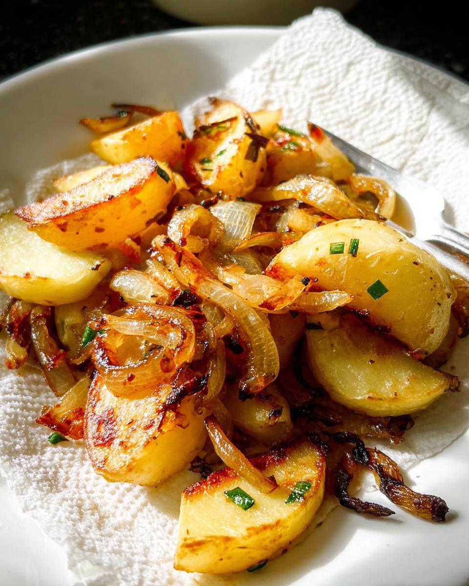 Close-up of golden, pan-fried potatoes and caramelized onions, seasoned with herbs, served on a paper towel.