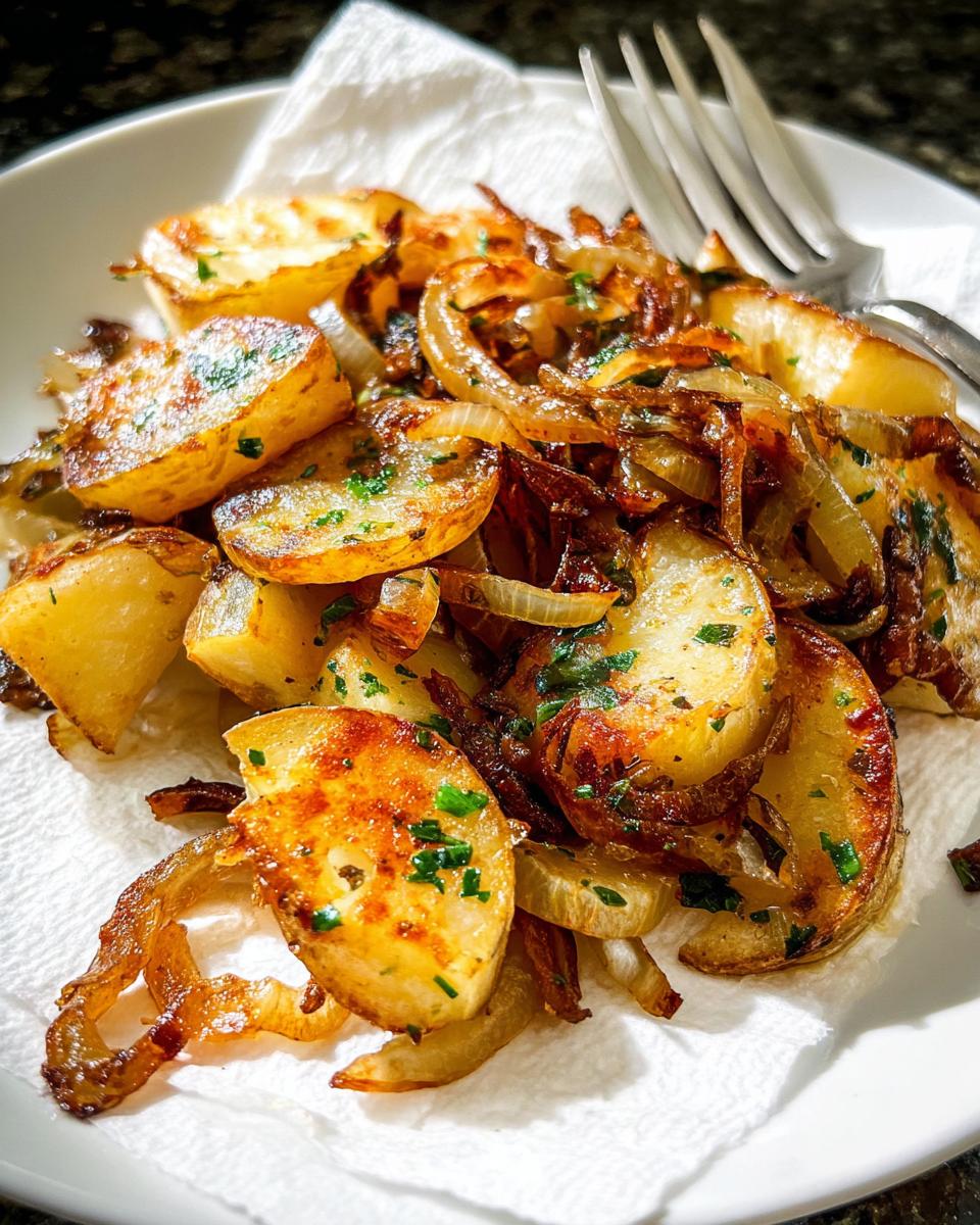 Golden brown Garlic Herb Skillet Fried Potatoes and Onions served on a white plate with a paper towel.