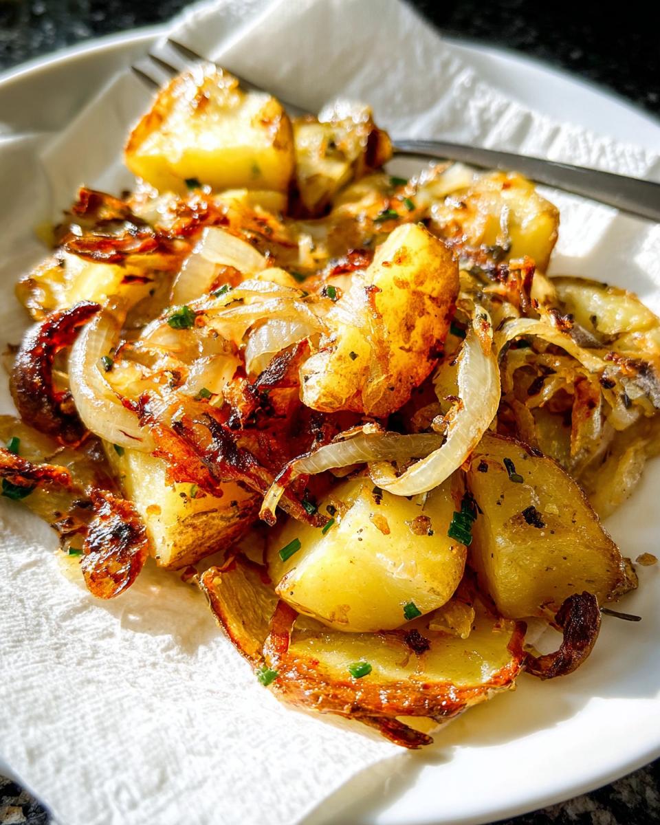 Close-up of golden brown Garlic Herb Skillet Fried Potatoes and Onions served on a white plate with a napkin.