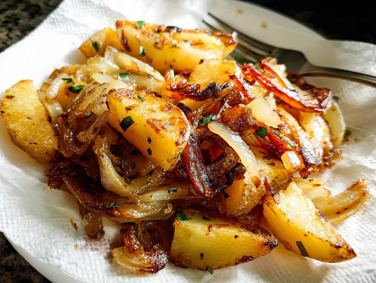 Golden brown Garlic Herb Skillet Fried Potatoes and Onions served on a white paper towel.