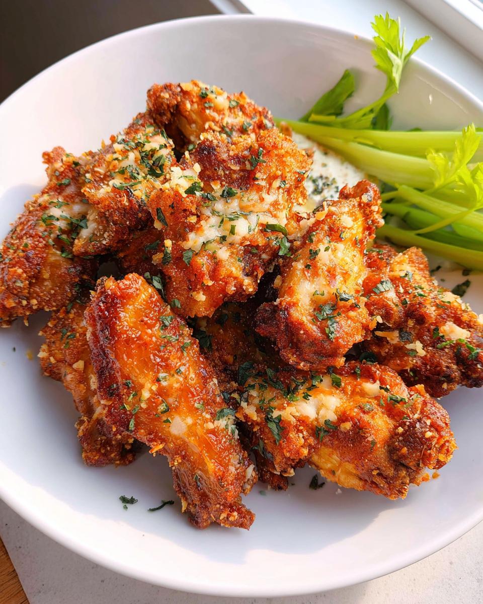 A pile of crispy, golden brown Garlic Parmesan Air Fryer Chicken Wings topped with grated cheese and parsley.