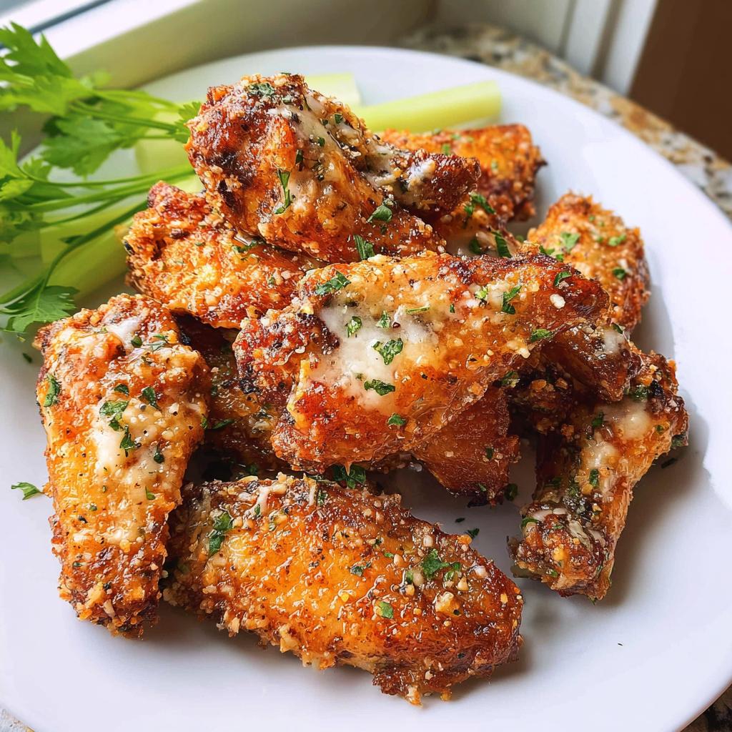 A pile of crispy, golden brown Garlic Parmesan Air Fryer Chicken Wings topped with melted cheese and parsley on a white plate.