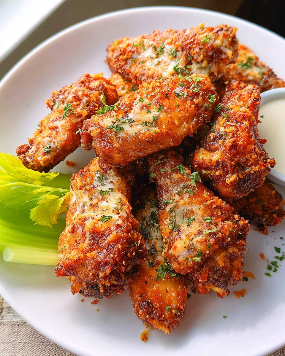 A pile of crispy, golden brown Garlic Parmesan Air Fryer Chicken Wings topped with melted cheese and parsley.