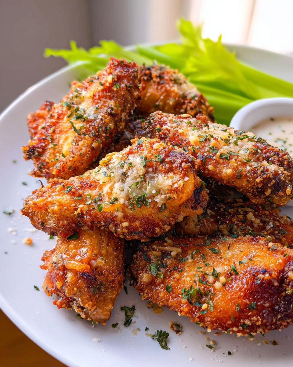 A pile of crispy Garlic Parmesan Air Fryer Chicken Wings topped with grated cheese and parsley on a white plate.