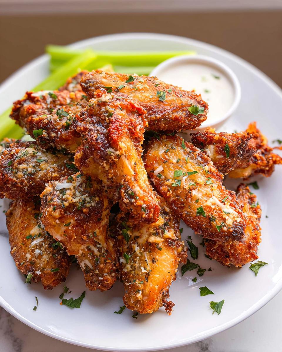 A pile of crispy Garlic Parmesan Air Fryer Chicken Wings topped with grated cheese and parsley.