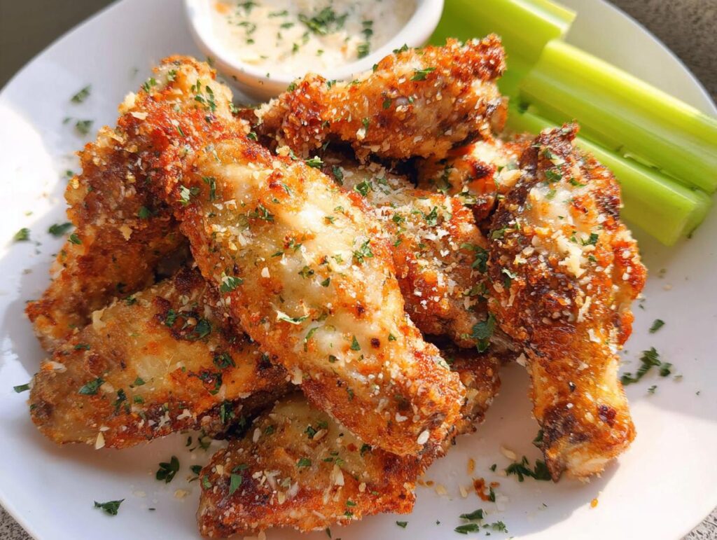 A plate of crispy, golden brown Garlic Parmesan Air Fryer Chicken Wings topped with grated cheese and parsley, served with celery sticks and dip.