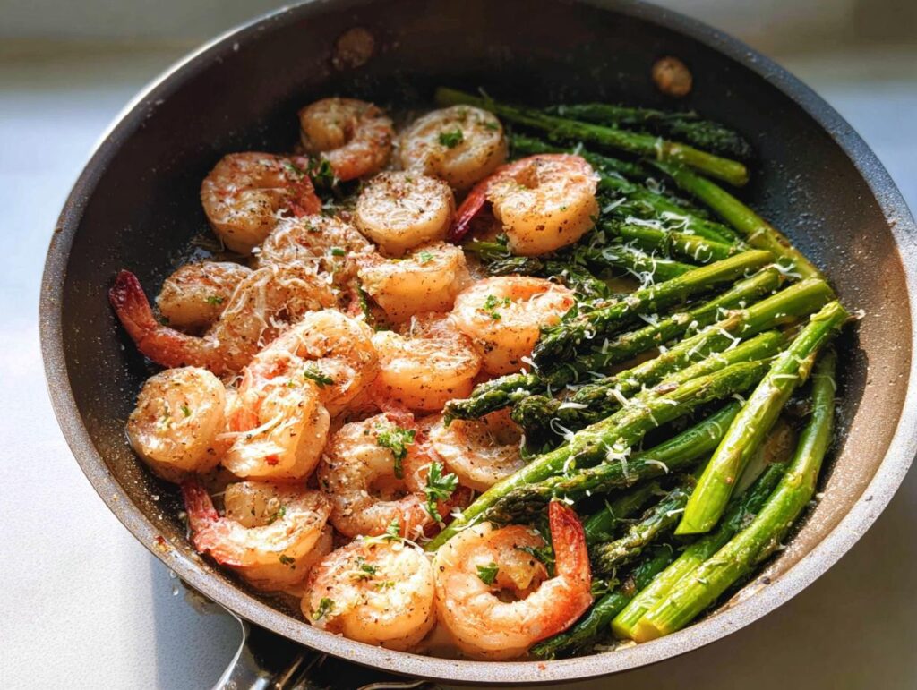Close-up of shrimp and asparagus cooking in a skillet, seasoned and topped with grated cheese.