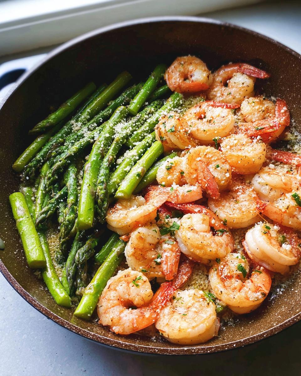 Close-up of Garlic Shrimp and Asparagus Skillet topped with Parmesan cheese in a brown pan.
