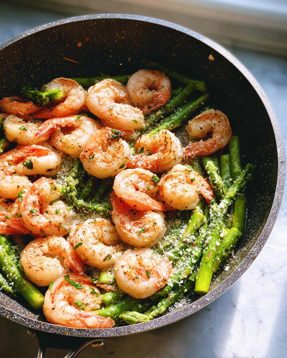 Close-up of cooked shrimp and bright green asparagus in a skillet, seasoned and topped with grated cheese.