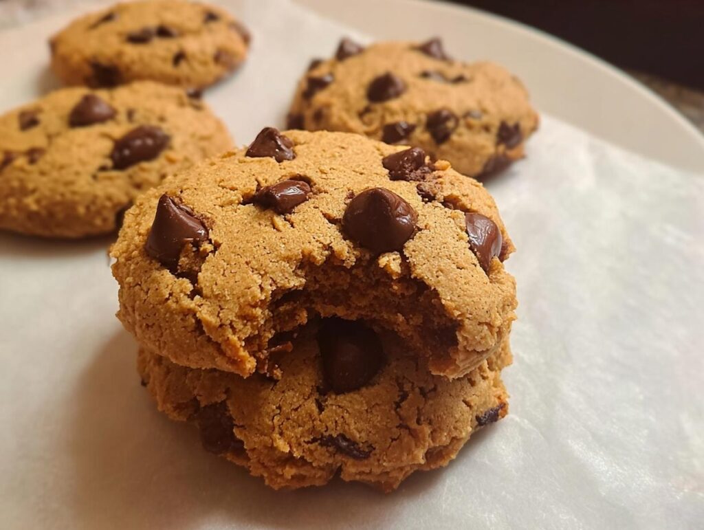 A stack of two Gluten Free Almond Flour Chocolate Chip Cookies, one with a bite taken out, on parchment paper.