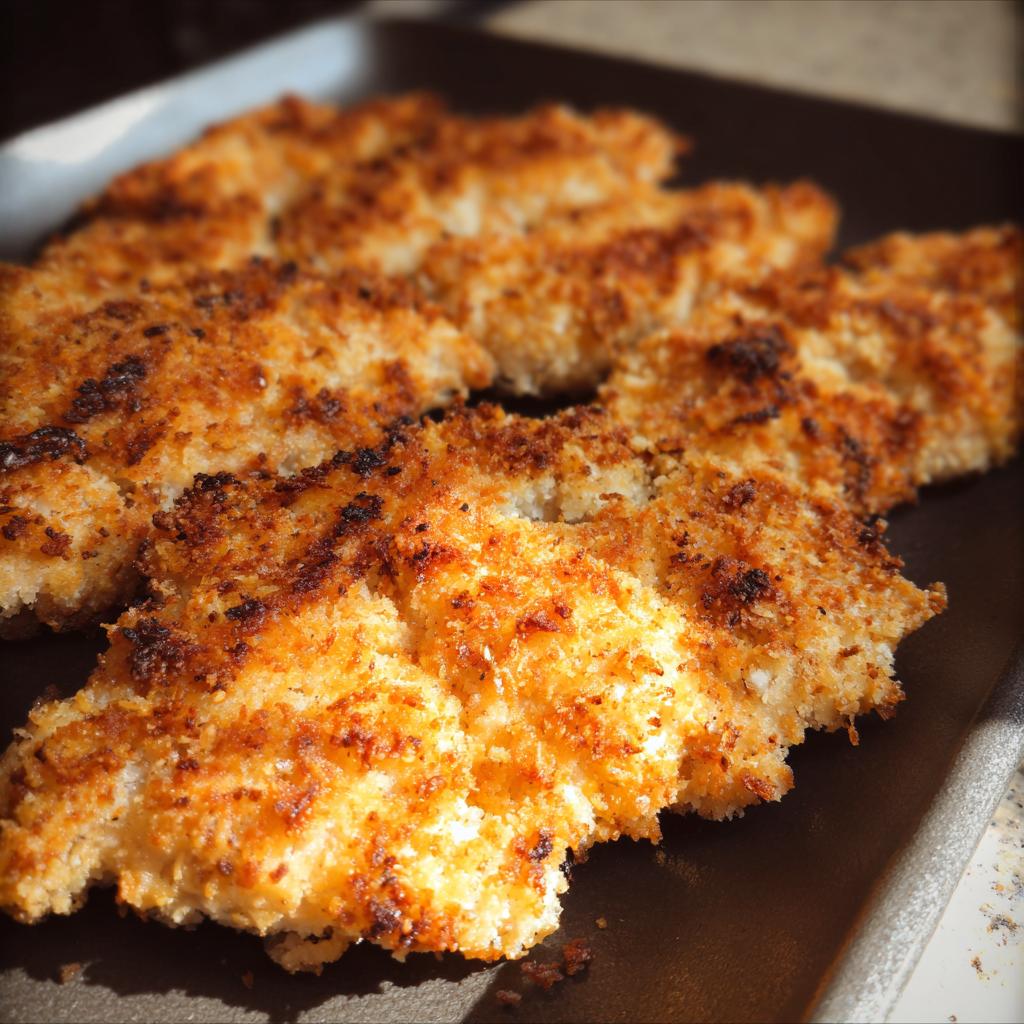 Close-up of golden brown, crispy Buttermilk Baked Fried Chicken pieces resting on a dark baking sheet.