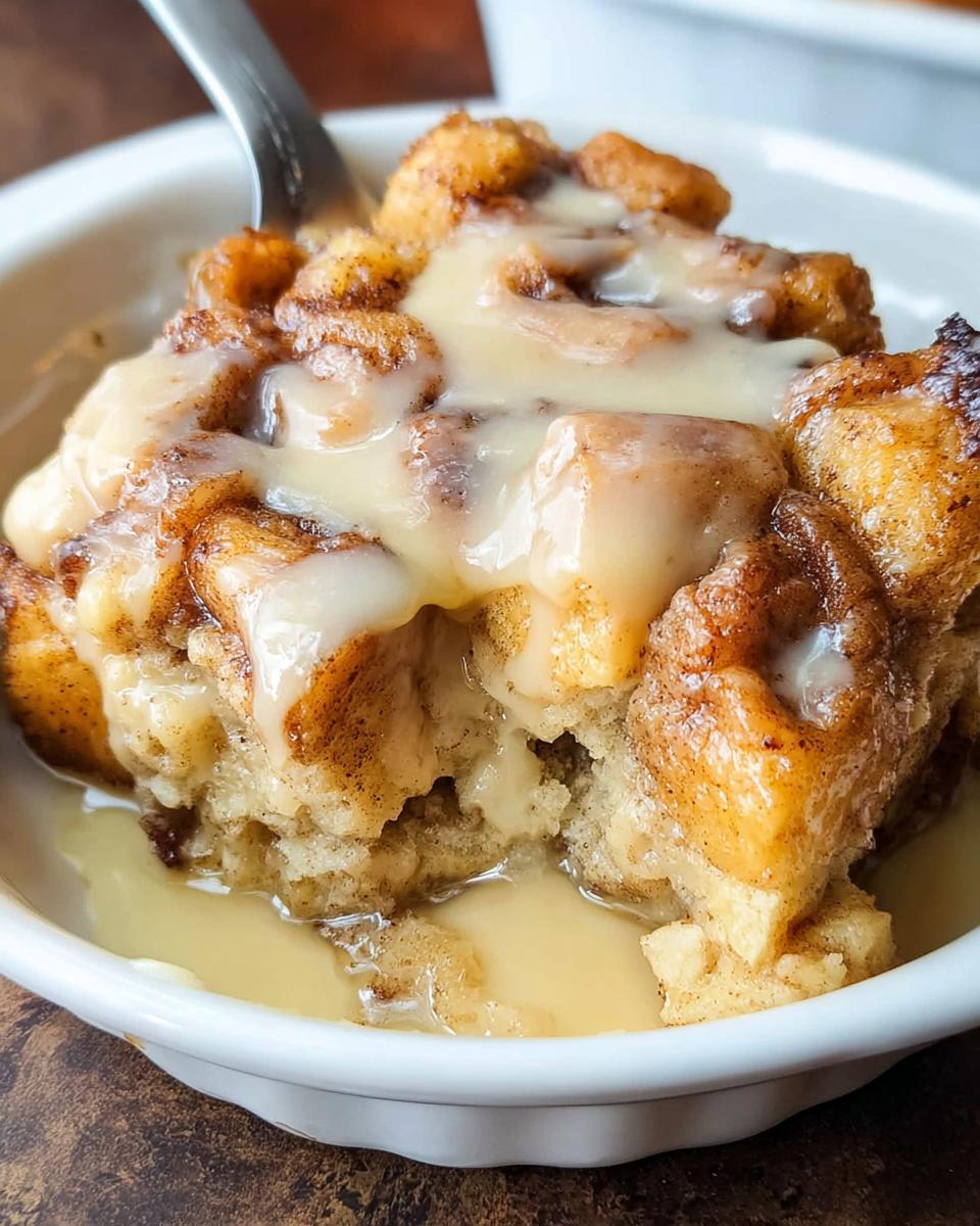 A close-up shot of Gooey Cinnamon Roll Bread Pudding served in a white bowl, generously topped with thick vanilla icing.