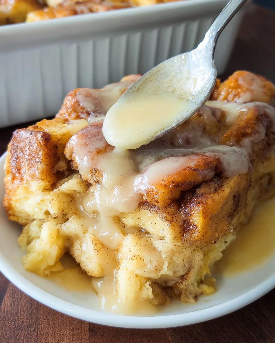A spoonful of vanilla glaze is being poured over a serving of Gooey Cinnamon Roll Bread Pudding.