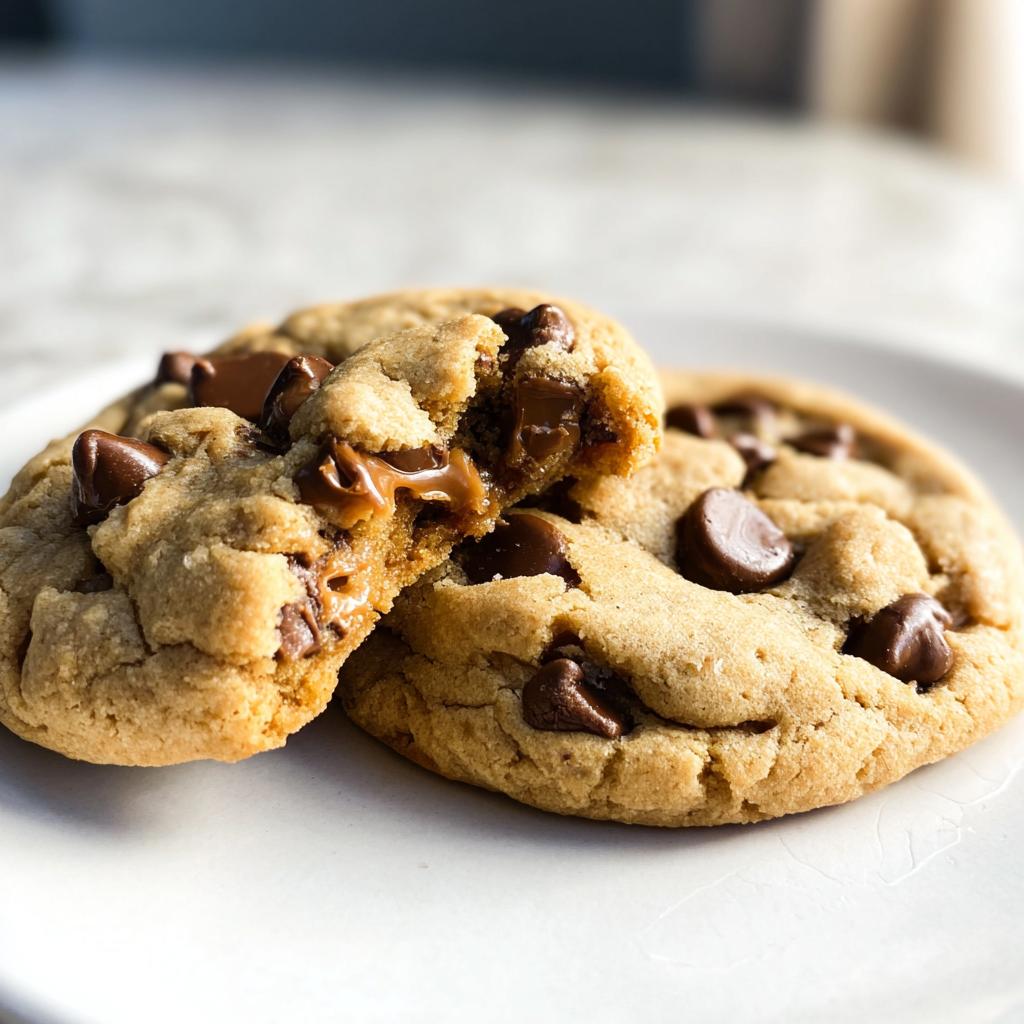 Two soft Peanut Butter Chocolate Chip Cookies on a white plate, one broken open showing melted chocolate chips.