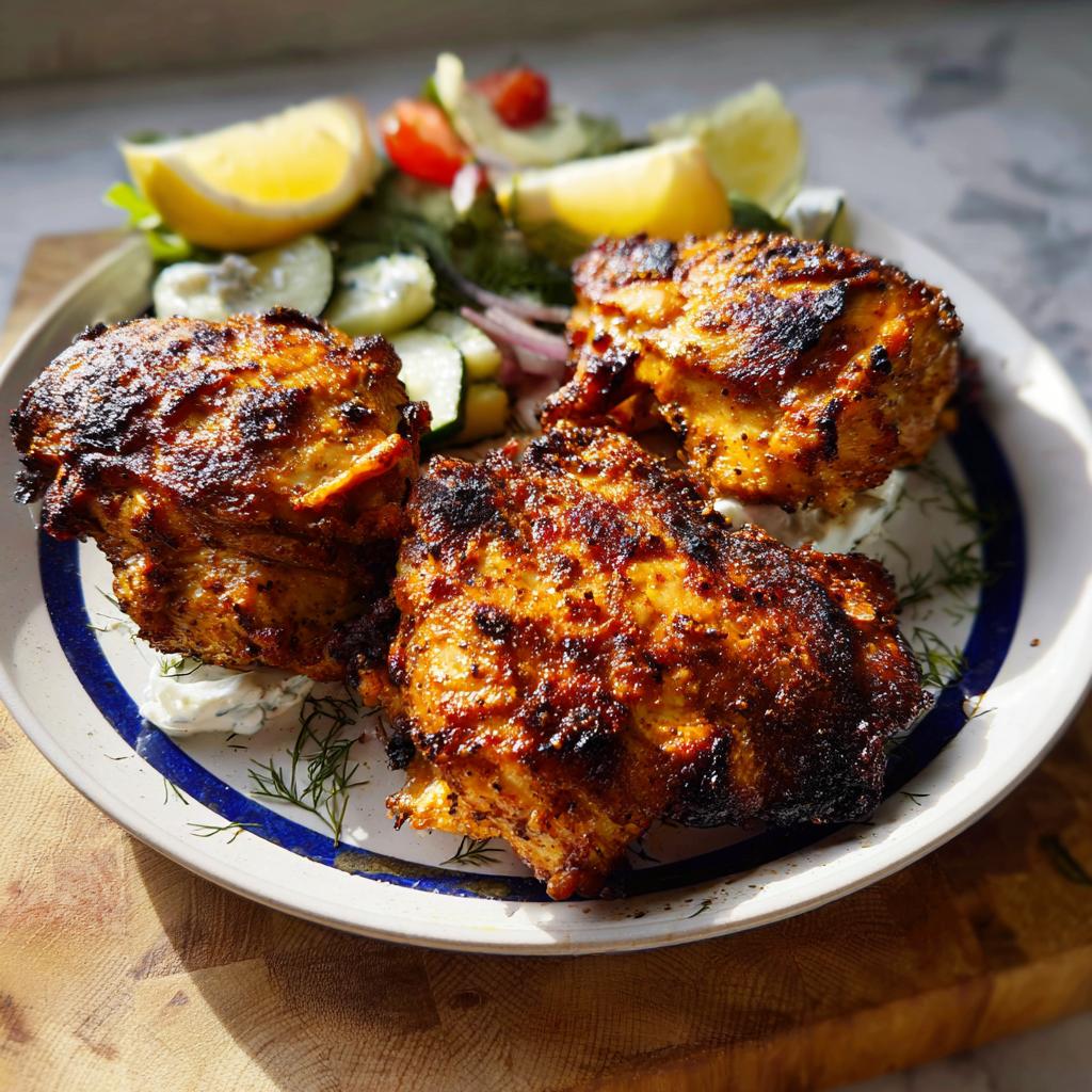 Three charred, juicy Greek Yogurt Marinated Chicken Thighs served over tzatziki sauce with a side salad and lemon wedges.