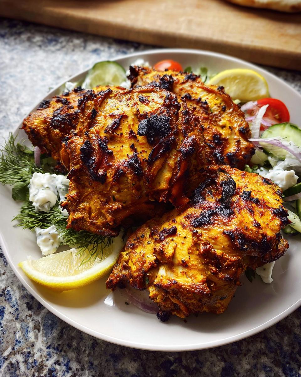 Four pieces of grilled Greek Yogurt Marinated Chicken Thighs served on a bed of salad with tzatziki sauce and lemon wedges.