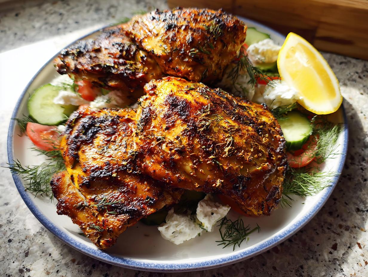 Three pieces of perfectly grilled Greek Yogurt Marinated Chicken Thighs served with cucumber, tomato, feta, and a lemon wedge.
