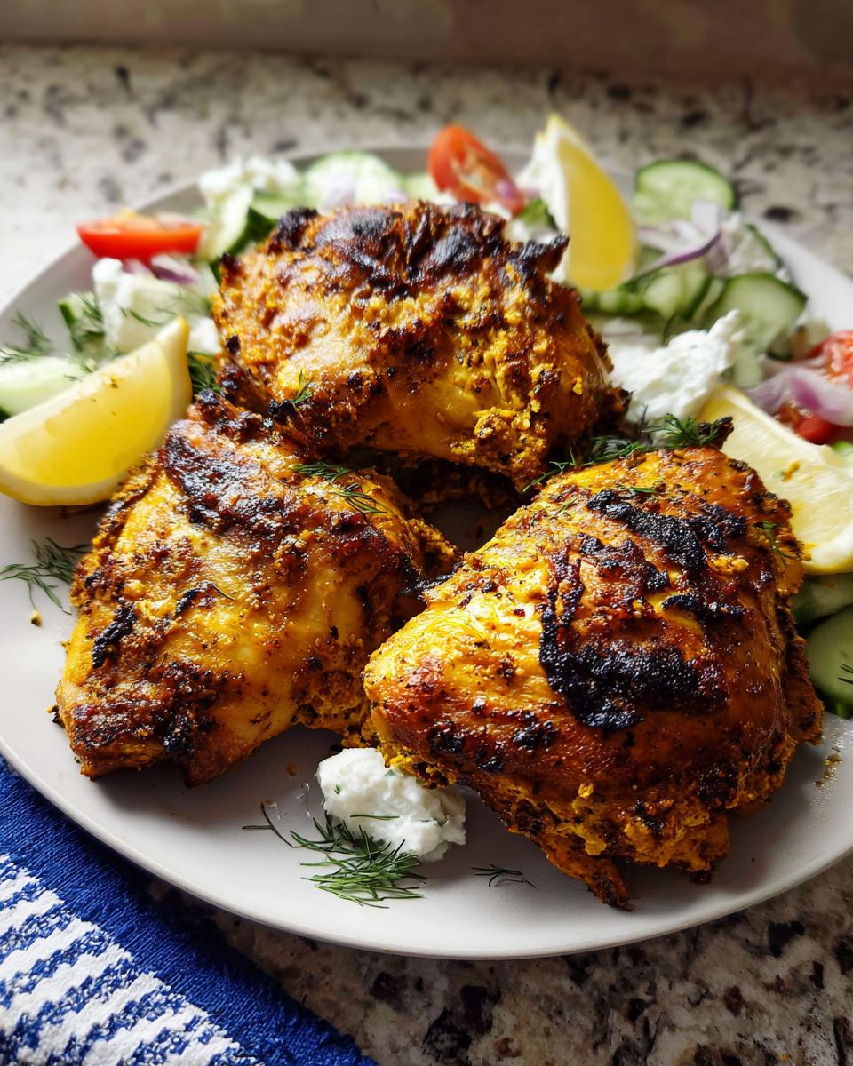Three perfectly grilled Greek Yogurt Marinated Chicken Thighs served with a side salad and lemon wedges.