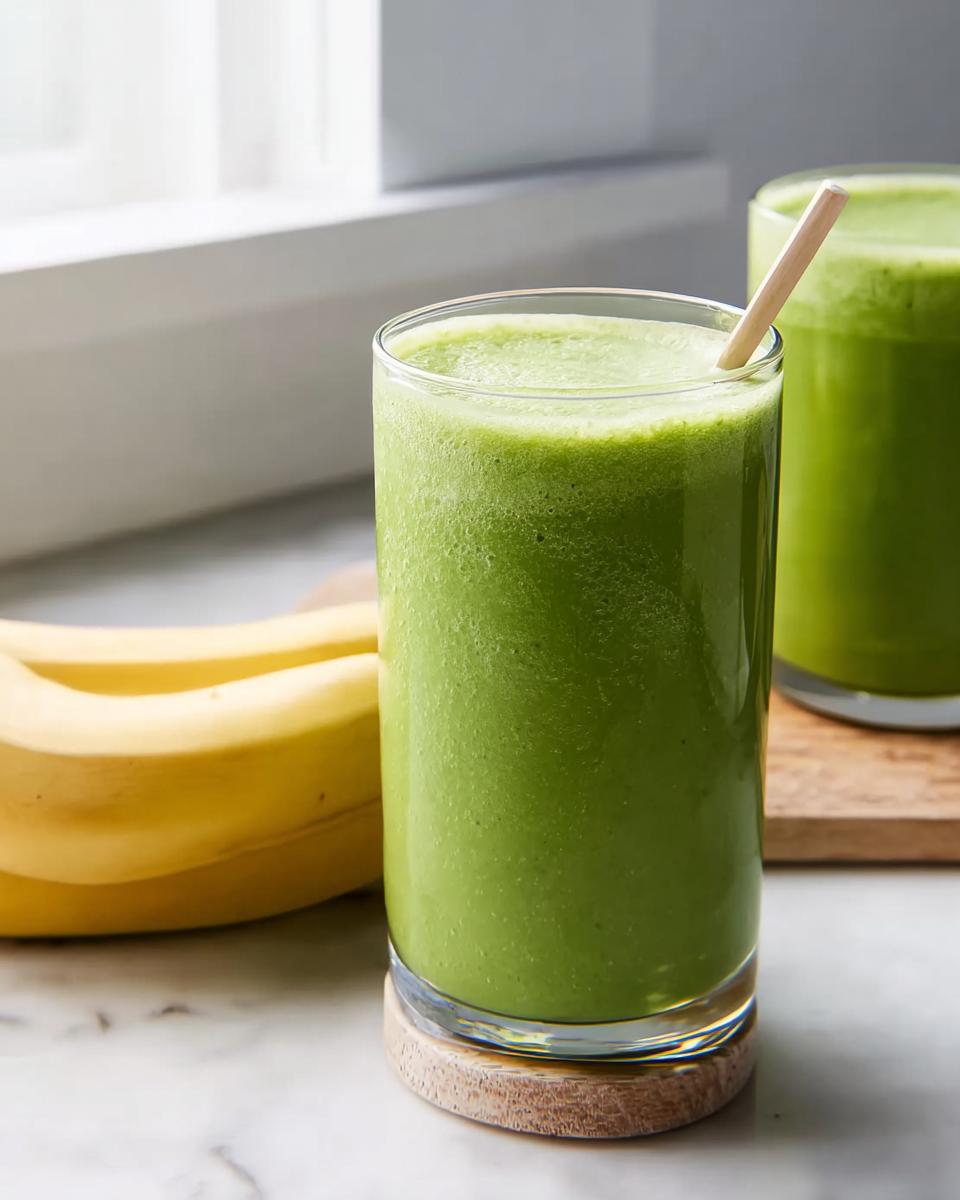 A tall glass of bright green smoothie with a wooden straw, next to a bunch of bananas.