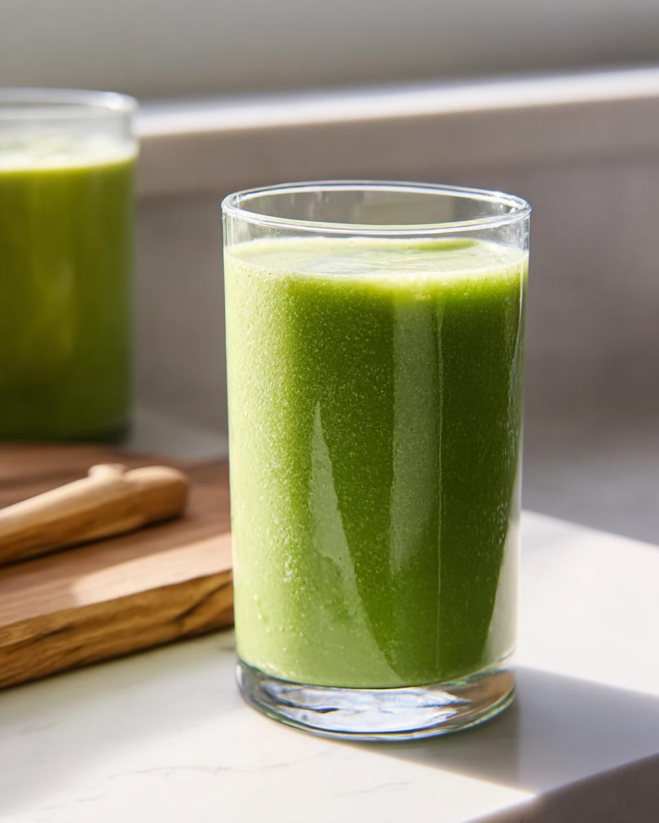Close-up of a tall glass filled with a bright green smoothie, part of Easy Smoothie Recipes for Beginners.