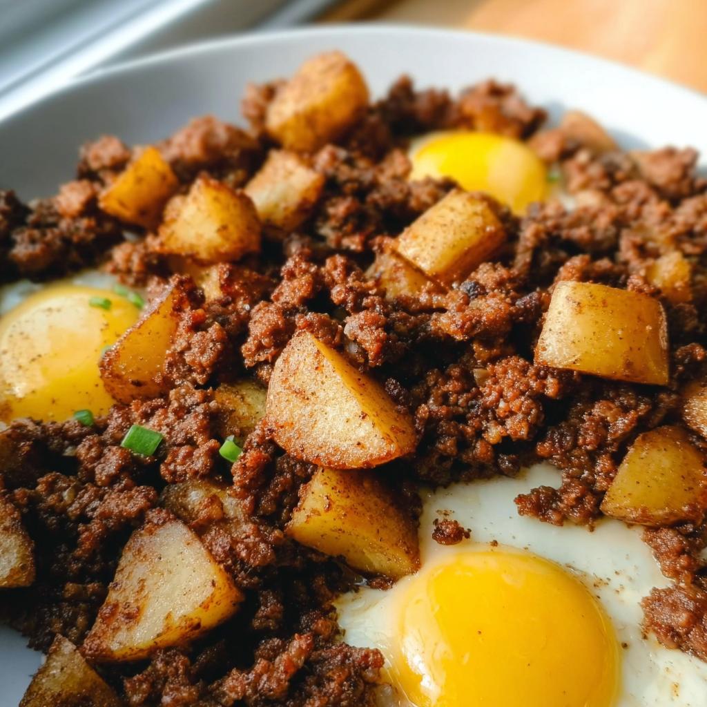 Close-up of a skillet dish featuring seasoned ground beef and potatoes served over sunny-side-up eggs, our Ground Beef and Potato Hash Skillet.