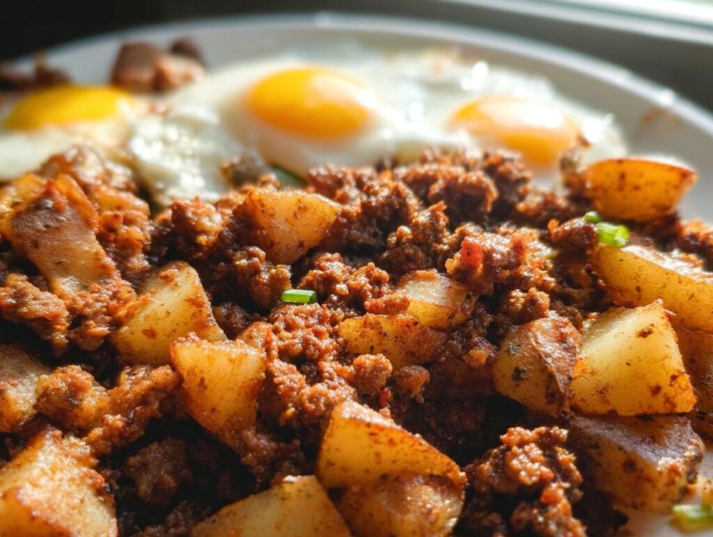 Close-up of a hearty serving of Ground Beef and Potato Hash Skillet topped with two sunny-side-up eggs.