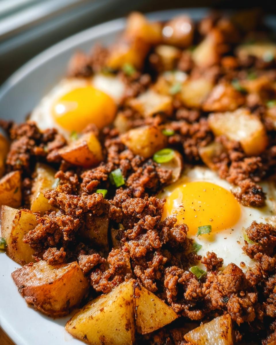 Close-up of Ground Beef and Potato Hash Skillet topped with two sunny-side-up eggs and green onions.