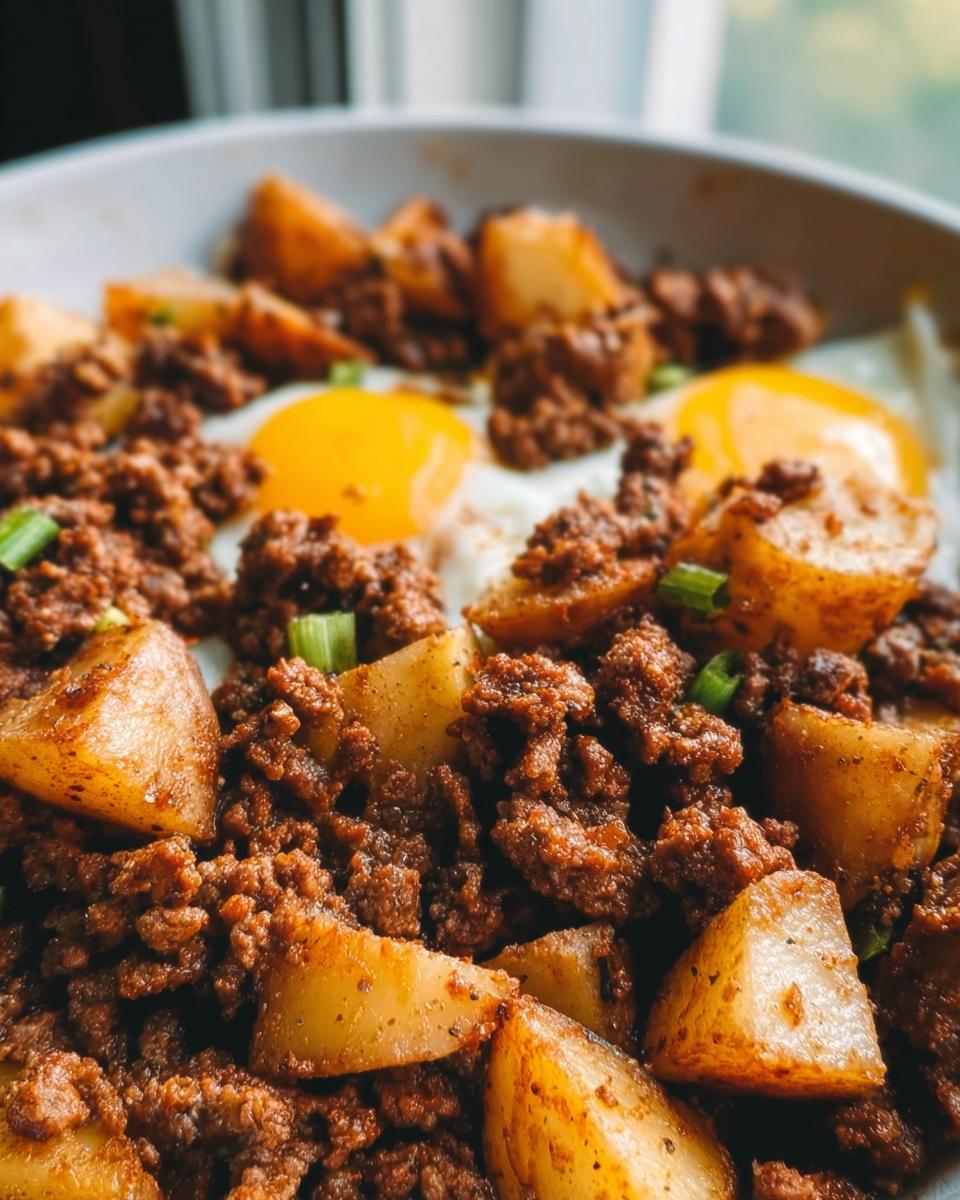 Close-up of a hearty Ground Beef and Potato Hash Skillet topped with two sunny-side-up eggs and green onions.