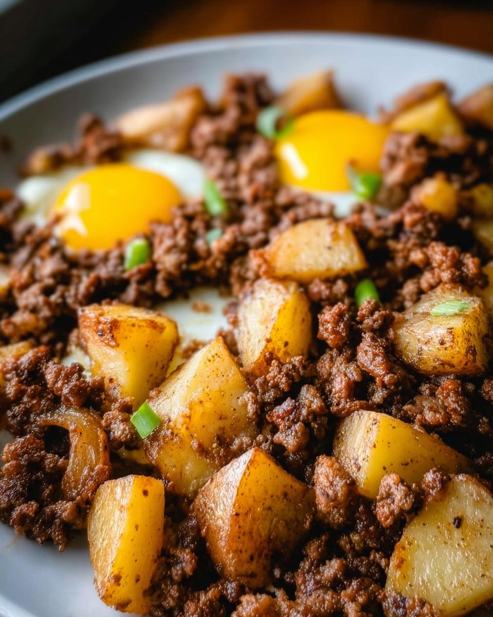 Close-up of Ground Beef and Potato Hash Skillet topped with two sunny-side-up eggs and green onions.
