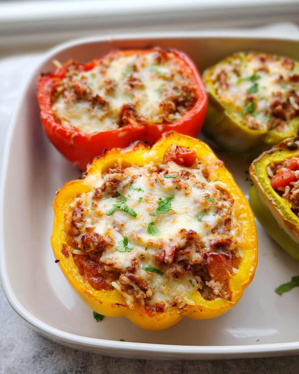 Four baked Ground Beef Stuffed Bell Peppers, topped with melted cheese and fresh parsley, served on a white dish.