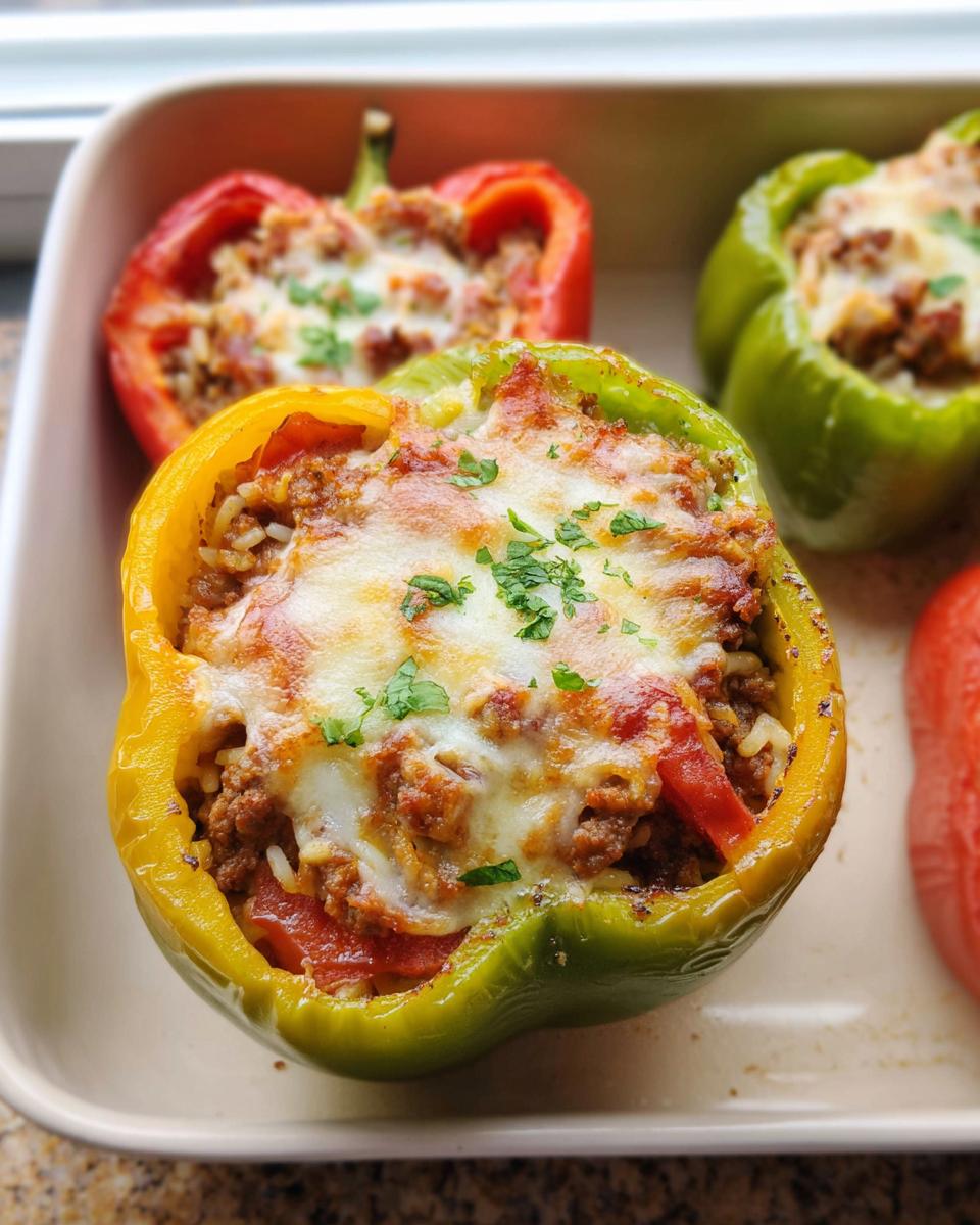 A close-up of a vibrant yellow and green Ground Beef Stuffed Bell Pepper topped with melted cheese and parsley.