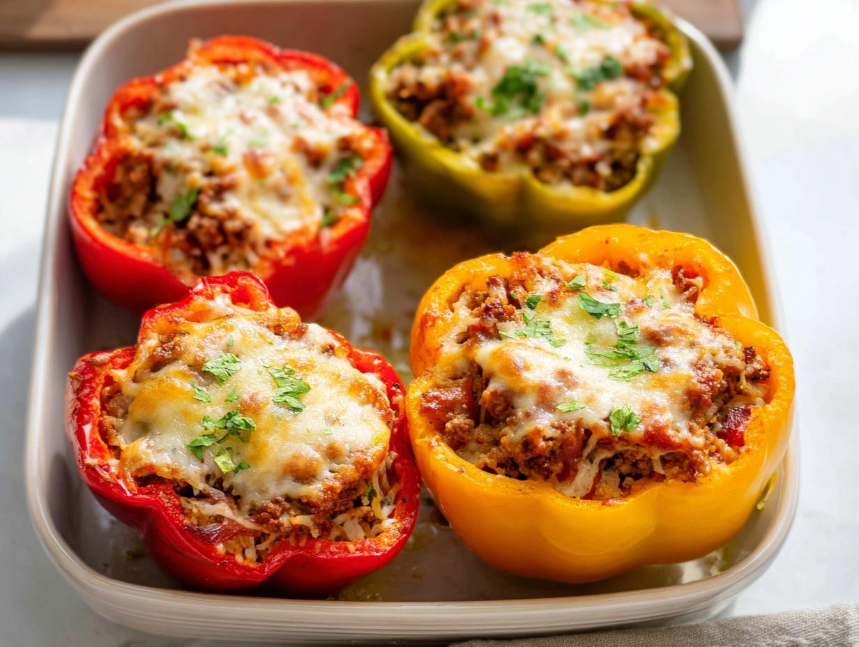 Four baked Ground Beef Stuffed Bell Peppers, topped with melted cheese and parsley, in a baking dish.