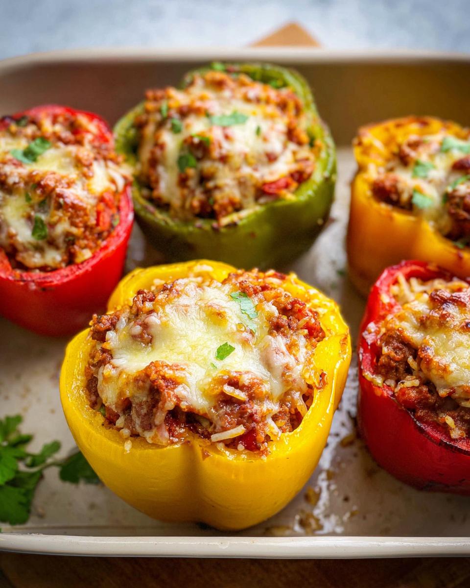 Close-up of baked Ground Beef Stuffed Bell Peppers in red, yellow, and green colors, topped with melted cheese.