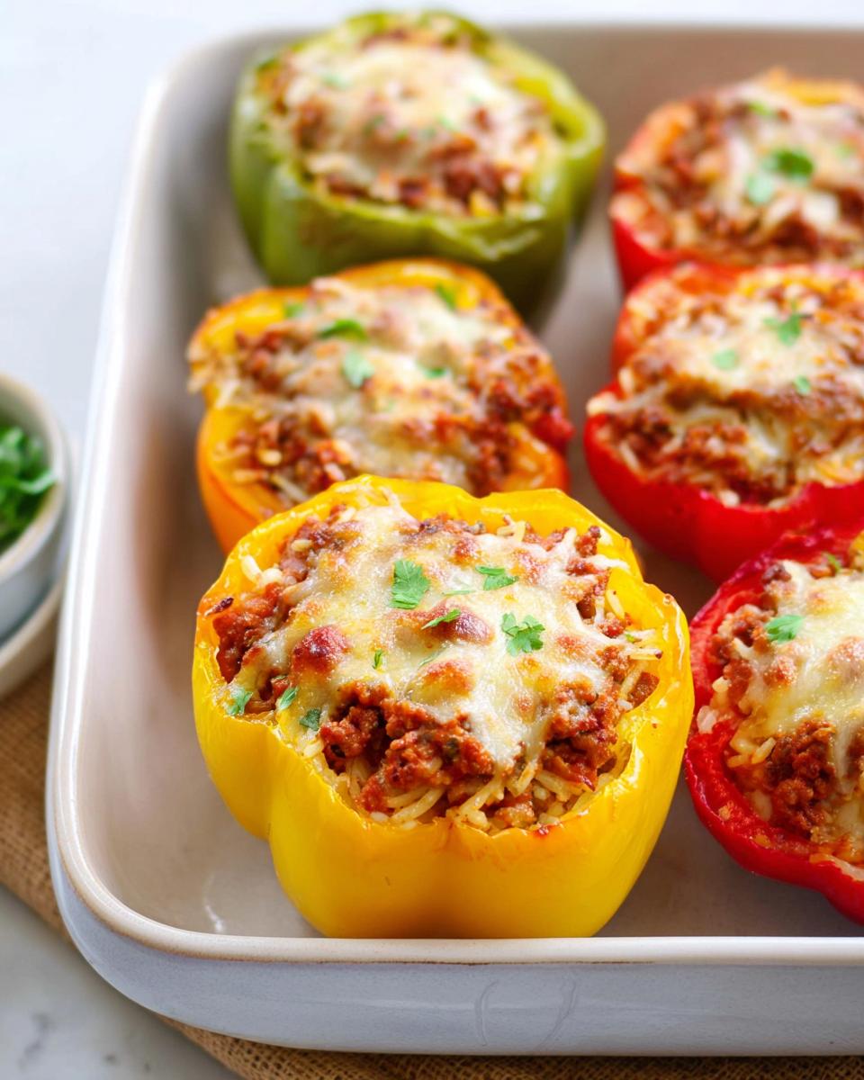Close-up of baked Ground Beef Stuffed Bell Peppers in red, yellow, and green, topped with melted cheese.