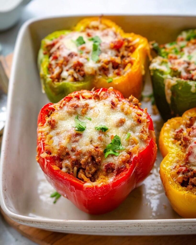 Close-up of colorful Ground Beef Stuffed Bell Peppers topped with melted cheese and parsley in a baking dish.