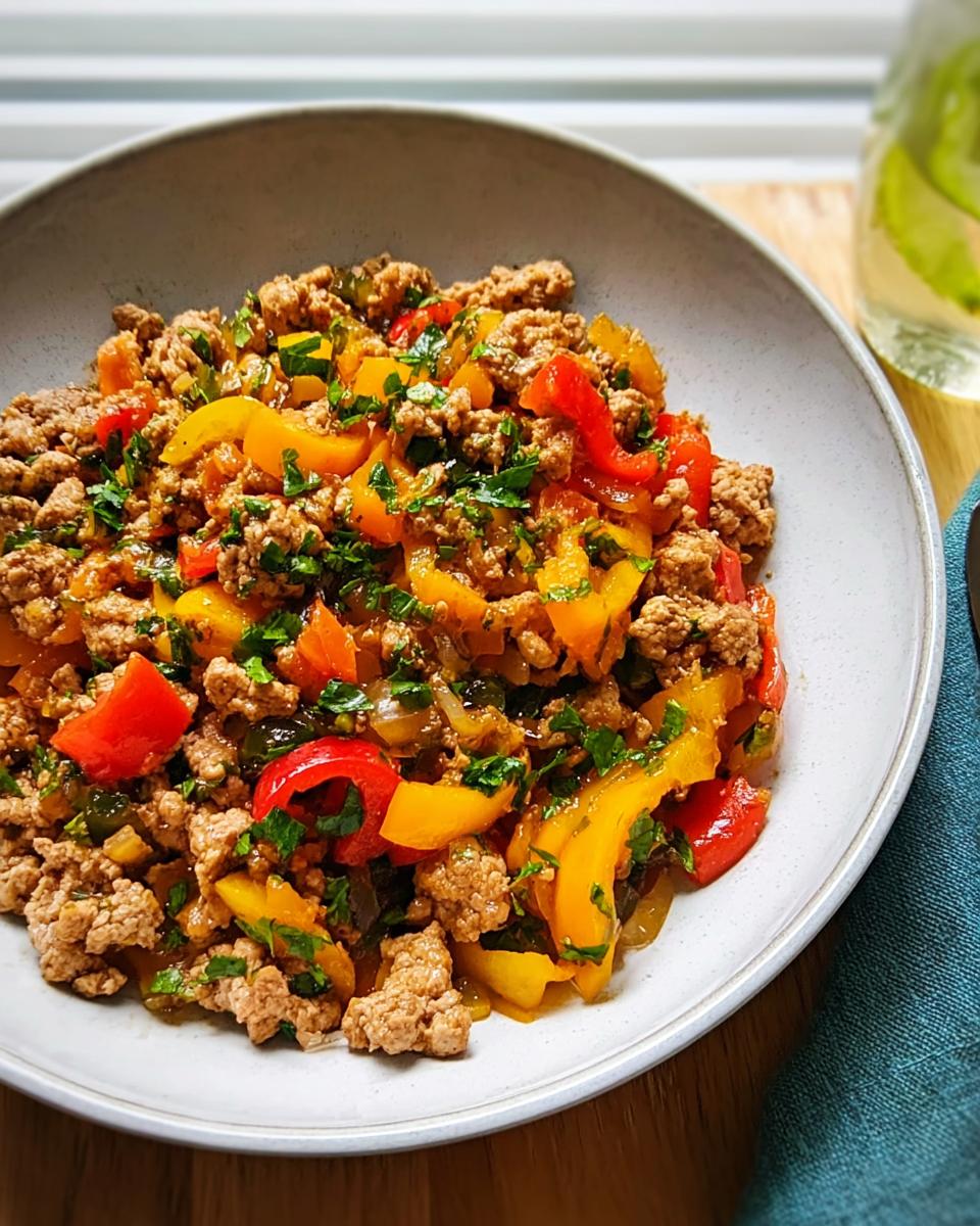 A bowl of sautéed ground turkey mixed with colorful red and yellow bell peppers, topped with fresh parsley.