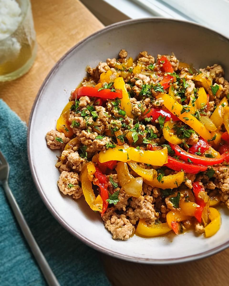 A close-up of a bowl containing ground turkey mixed with sautéed yellow and red bell peppers, garnished with parsley.