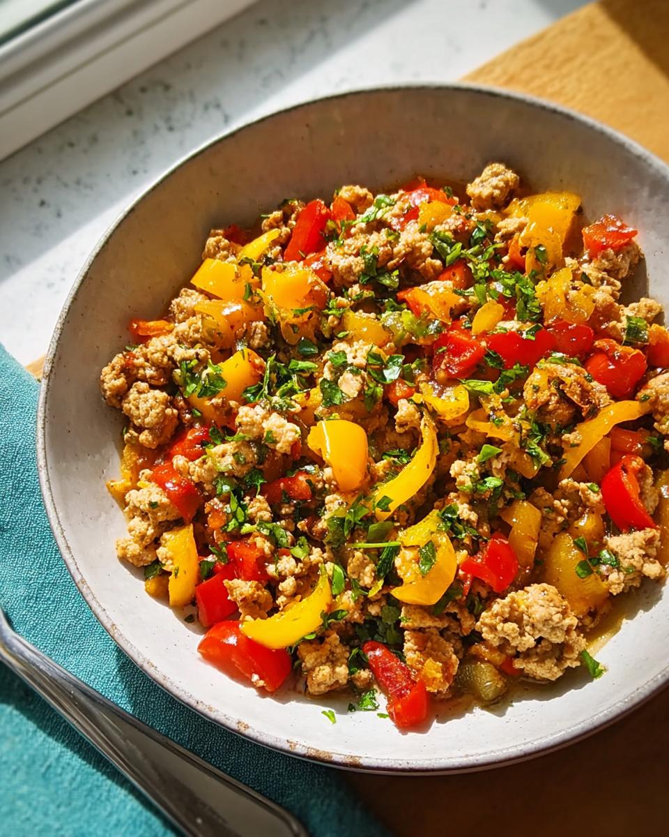A bowl of seasoned ground turkey mixed with bright red and yellow bell peppers, topped with fresh parsley. One of The Best Ground Turkey Recipes.
