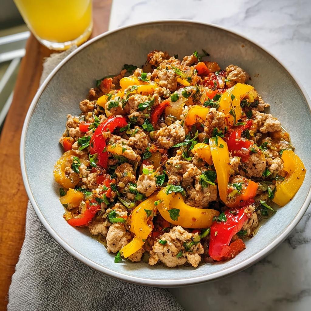 A bowl of savory ground turkey mixed with sautéed red and yellow bell peppers and fresh parsley, a perfect example of The Best Ground Turkey Recipes.