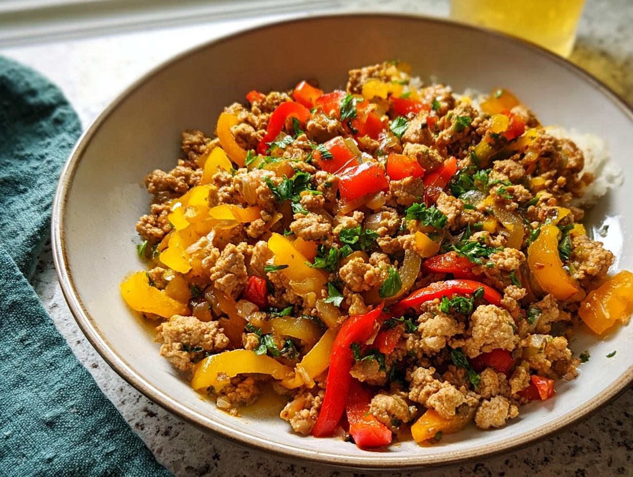 A bowl featuring one of the best ground turkey recipes: a savory stir-fry with ground turkey, red and yellow bell peppers, and fresh parsley.