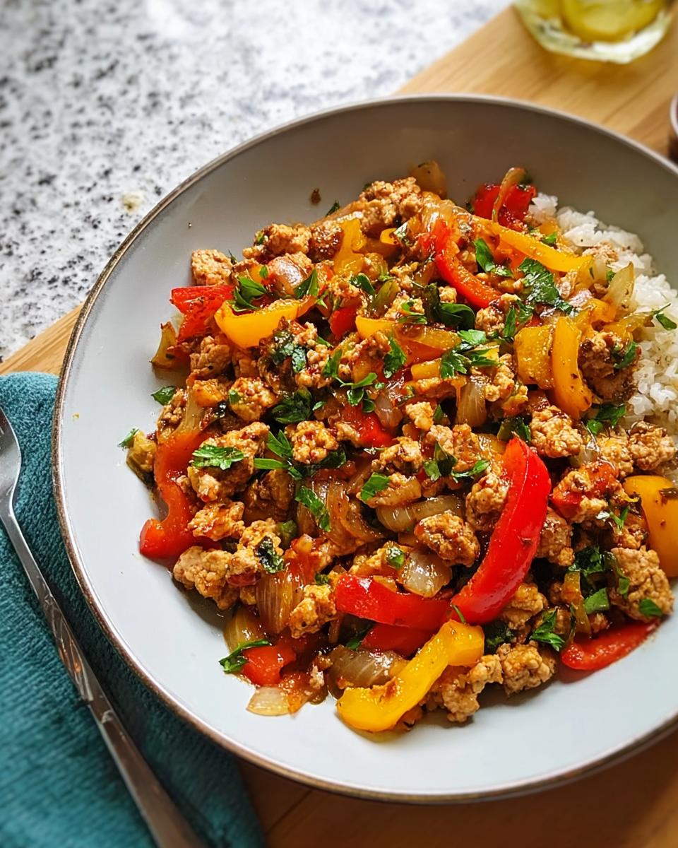 A bowl of flavorful ground turkey recipe mixed with sautéed red and yellow bell peppers and onions, served over white rice.