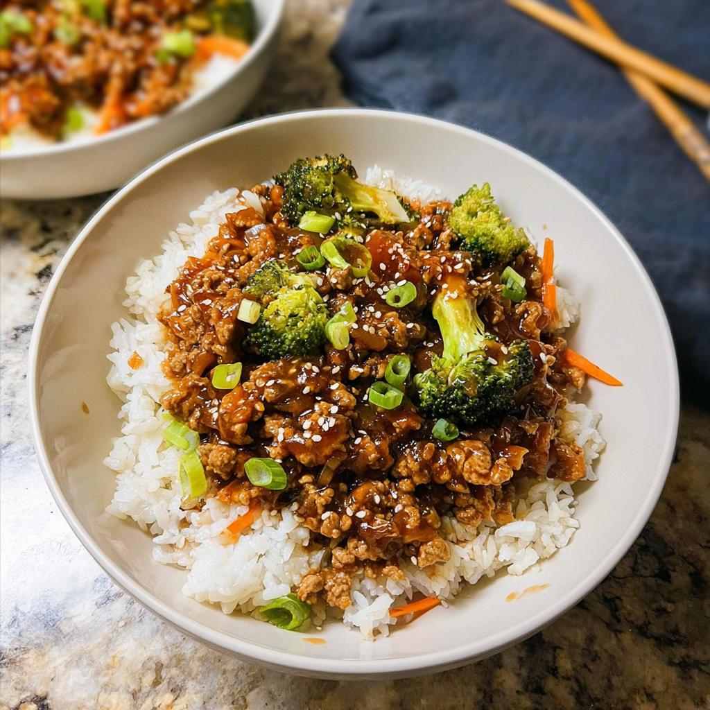 A bowl of Healthy College Lunch Ideas: Ground Turkey Teriyaki Stir-Fry served over white rice, topped with broccoli and green onions.